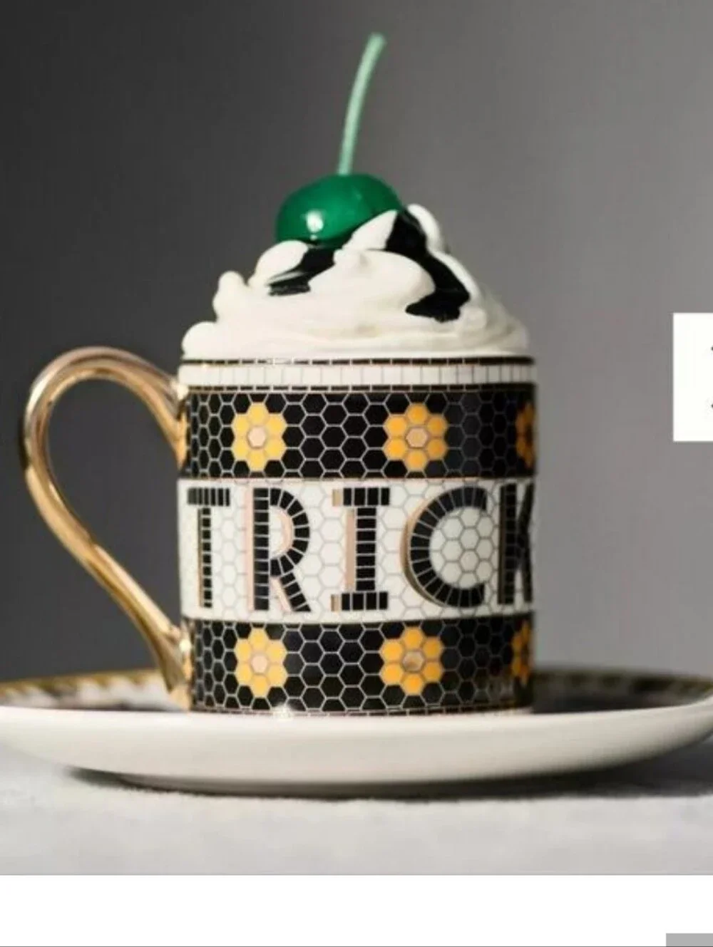 Anthropologie The Bistro Tile Stoneware Espresso Cup and Desert Plate Halloween